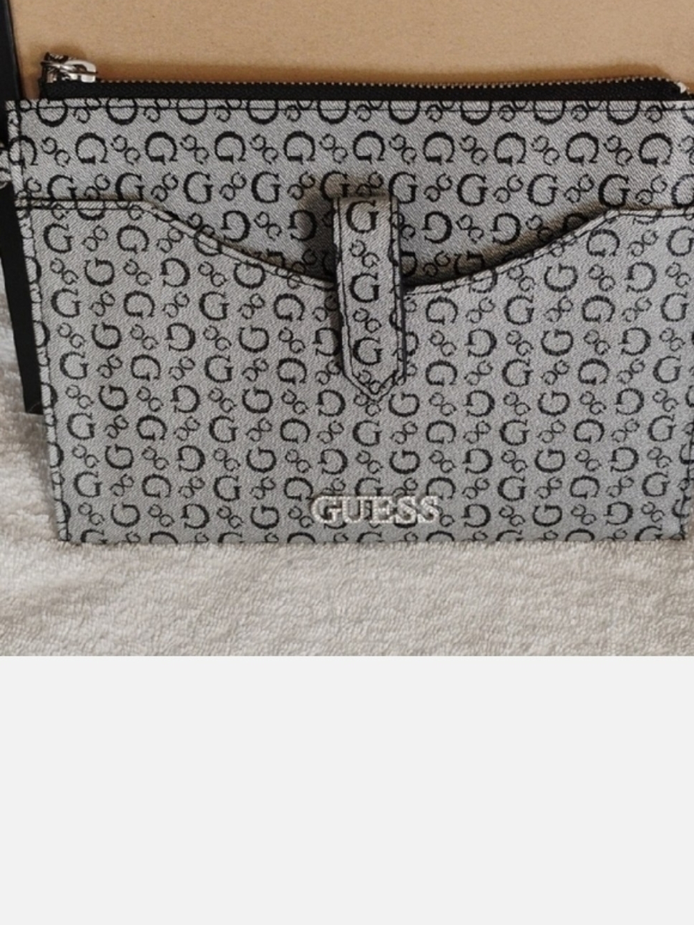 Guess Gray and Black Signature Monogram Zip Wallet